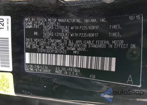 2015 Toyota Sienna Xle 8 Passenger z USA, uszkodzony, nr VIN 5TDYK3DCXFS670423